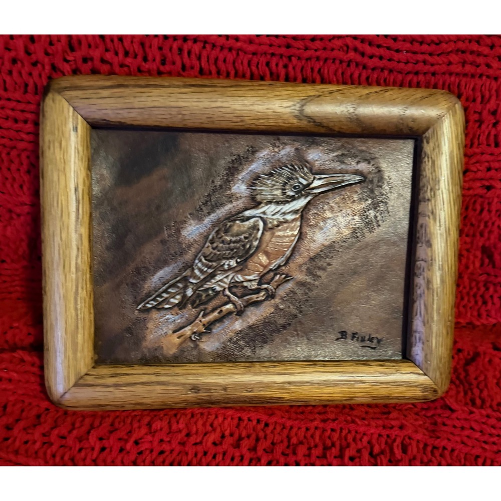 B. Finley Hand Carved Leather Bird Art Framed Kingfisher Oak Wood Frame Vintage